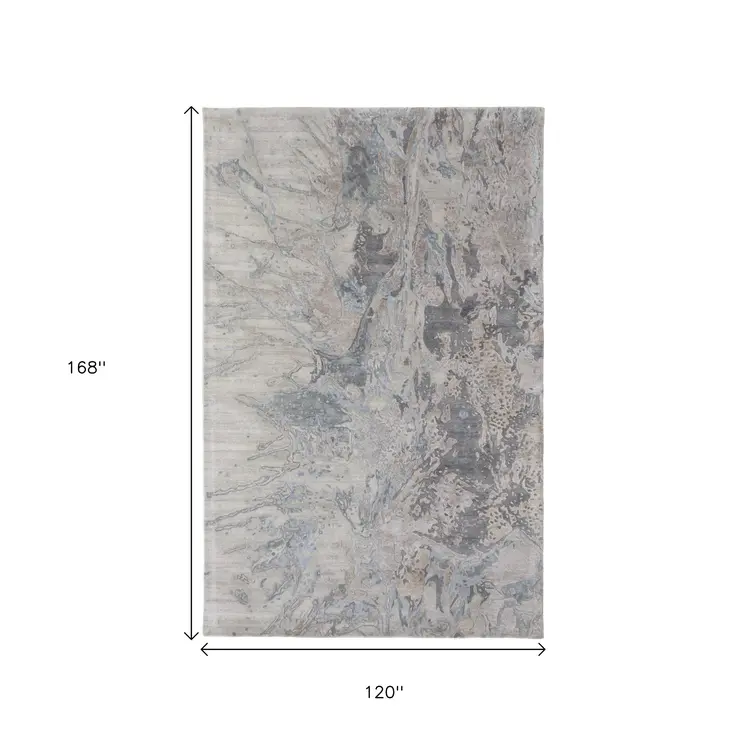 10' X 14' Gray Tan And Blue Abstract Hand Tufted Distressed Area Rug