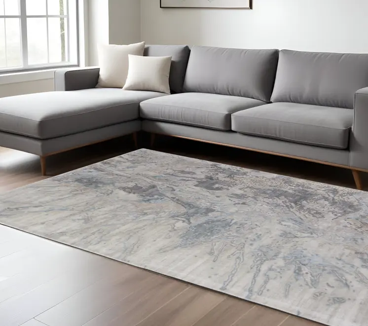 10' X 14' Gray Tan And Blue Abstract Hand Tufted Distressed Area Rug