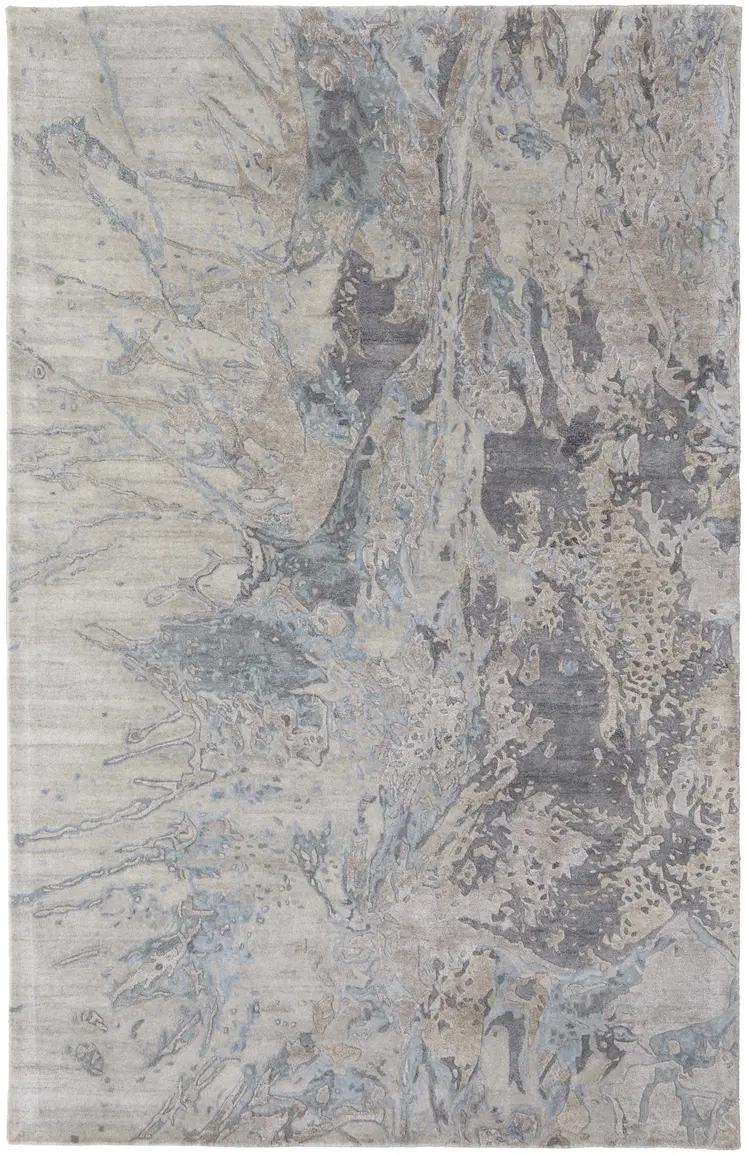 10' X 14' Gray Tan And Blue Abstract Hand Tufted Distressed Area Rug