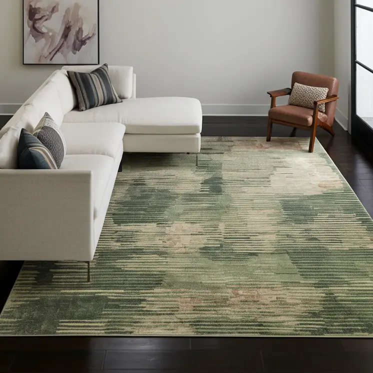 10' X 13' Green Ivory And Brown Abstract Distressed Area Rug