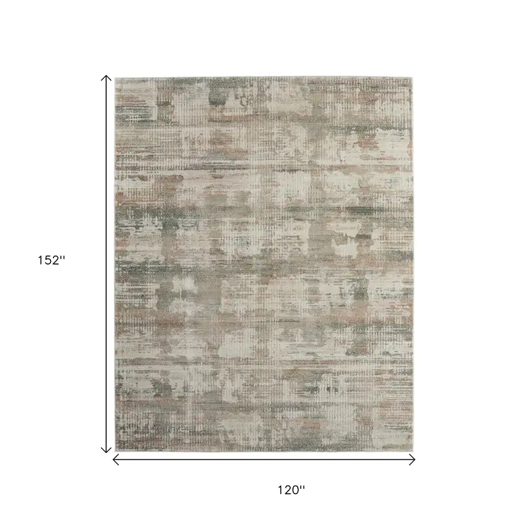 10' X 13' Ivory Gray And Green Abstract Distressed Area Rug