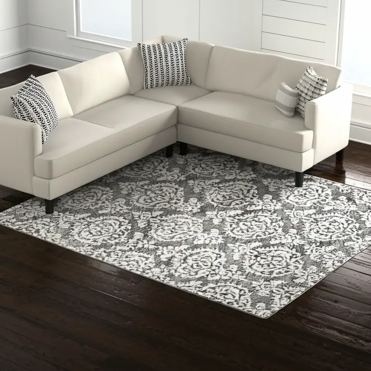 12' X 15' Gray Ivory And Black Floral Hand Tufted Area Rug