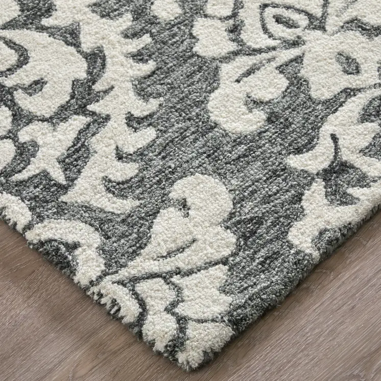 12' X 15' Gray Ivory And Black Floral Hand Tufted Area Rug