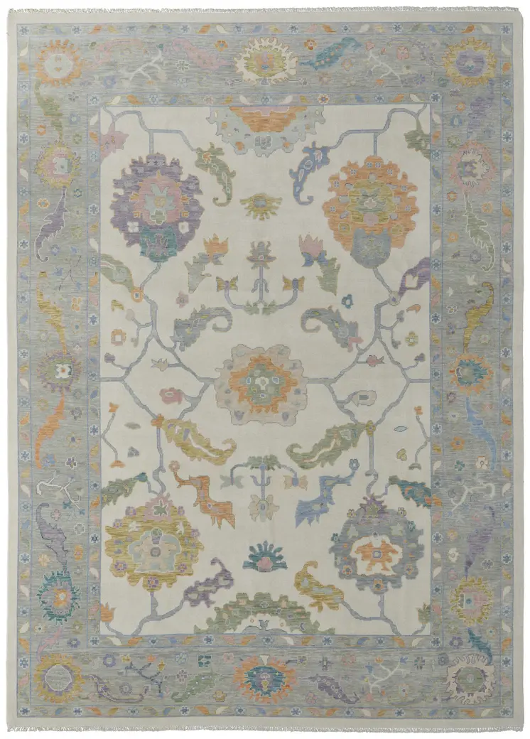 12' X 15' Ivory Orange And Blue Floral Hand Knotted Area Rug With Fringe