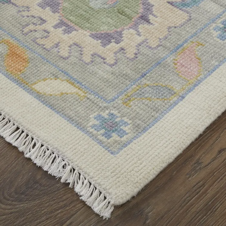 12' X 15' Ivory Orange And Blue Floral Hand Knotted Area Rug With Fringe