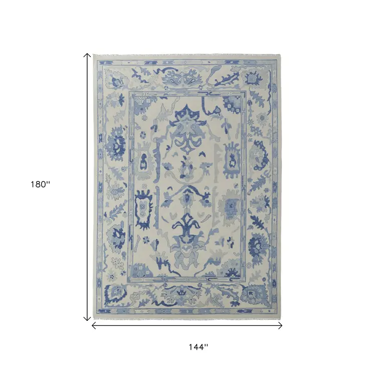 12' X 15' Ivory And Blue Floral Hand Knotted Area Rug With Fringe
