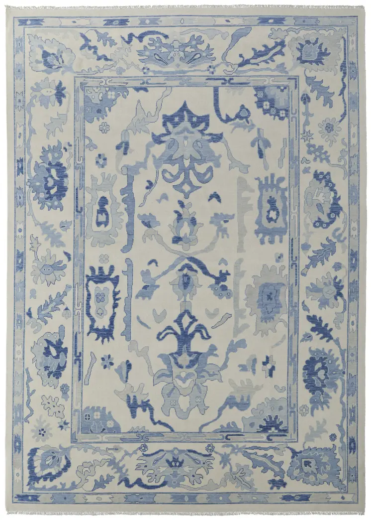 12' X 15' Ivory And Blue Floral Hand Knotted Area Rug With Fringe