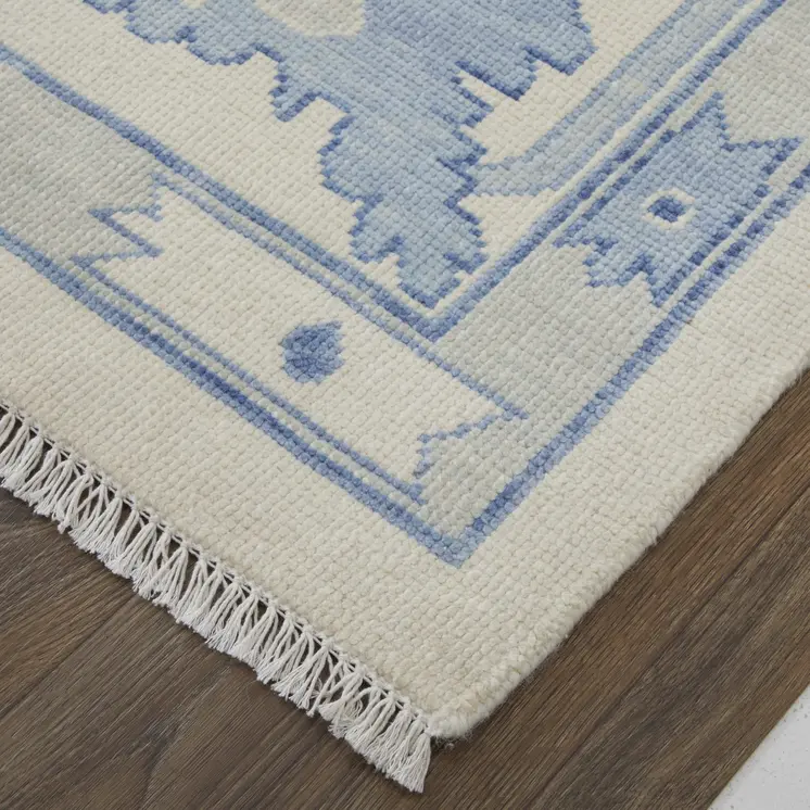 12' X 15' Ivory And Blue Floral Hand Knotted Area Rug With Fringe