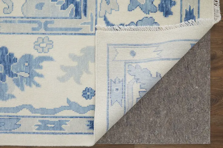 12' X 15' Ivory And Blue Floral Hand Knotted Area Rug With Fringe