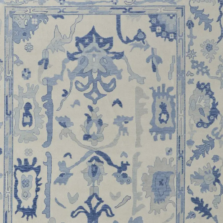 12' X 15' Ivory And Blue Floral Hand Knotted Area Rug With Fringe