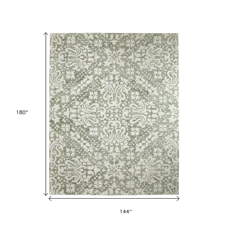 12' X 15' Ivory And Green Floral Hand Tufted Area Rug
