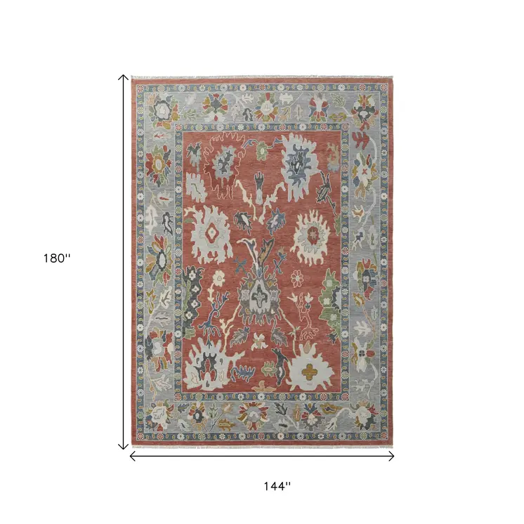 12' X 15' Red Gray And Ivory Floral Hand Knotted Area Rug With Fringe