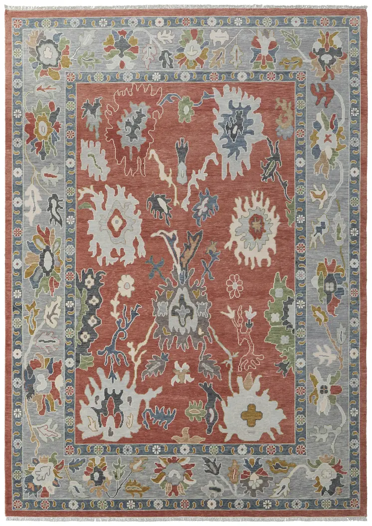 12' X 15' Red Gray And Ivory Floral Hand Knotted Area Rug With Fringe