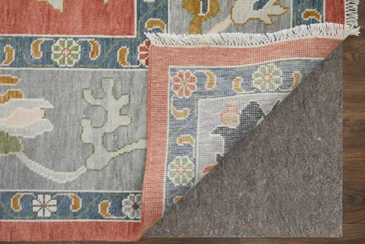 12' X 15' Red Gray And Ivory Floral Hand Knotted Area Rug With Fringe