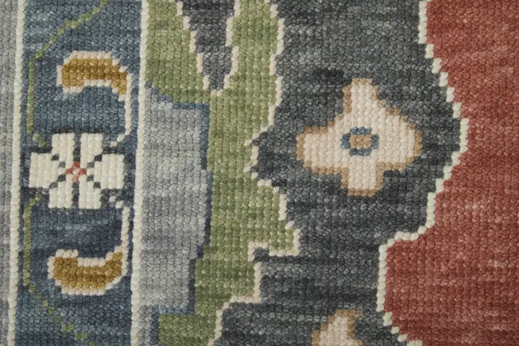 12' X 15' Red Gray And Ivory Floral Hand Knotted Area Rug With Fringe