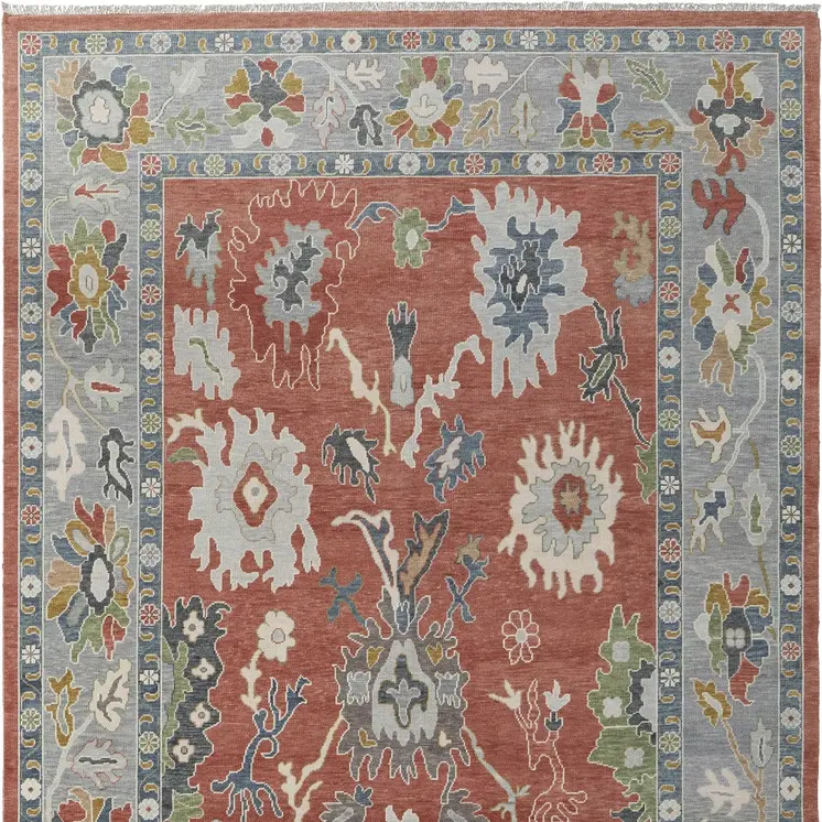 12' X 15' Red Gray And Ivory Floral Hand Knotted Area Rug With Fringe