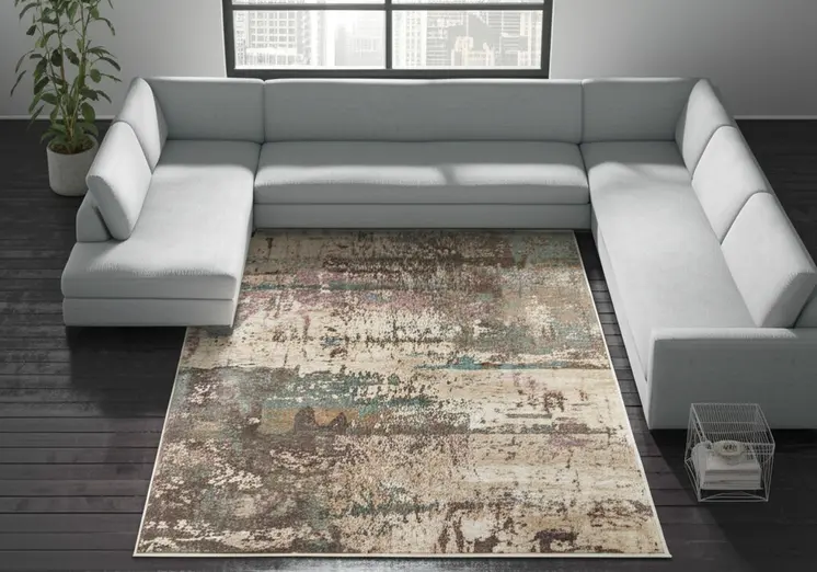 12' X 15' Ivory Blue And Purple Abstract Distressed Area Rug