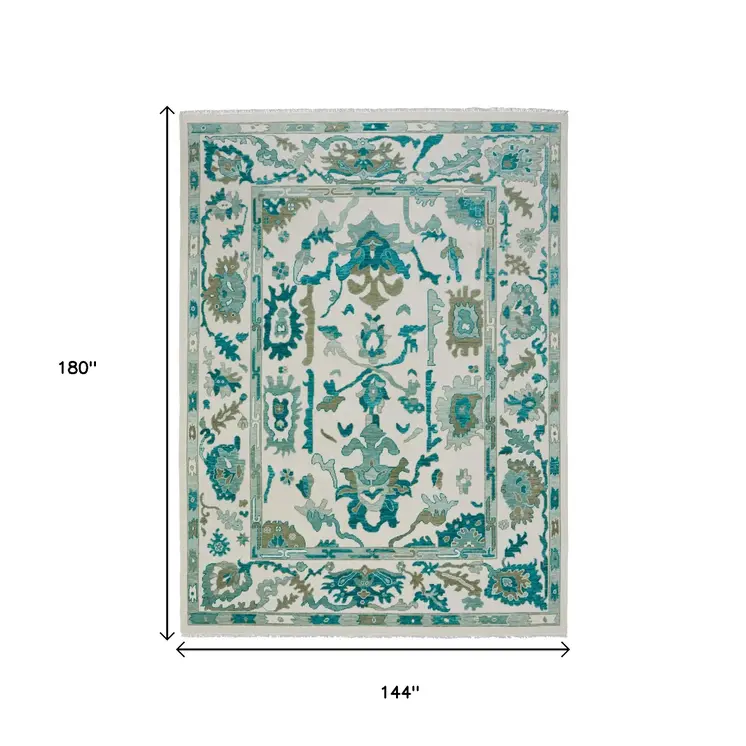 12' X 15' Green And Ivory Floral Hand Knotted Area Rug With Fringe