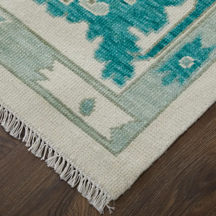 12' X 15' Green And Ivory Floral Hand Knotted Area Rug With Fringe