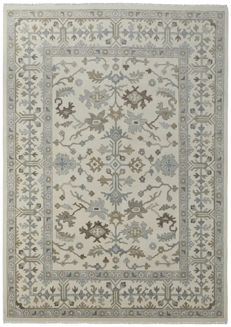 12' X 15' Ivory Gray And Brown Floral Hand Knotted Area Rug With Fringe