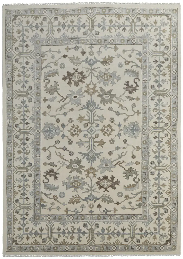 12' X 15' Ivory Gray And Brown Floral Hand Knotted Area Rug With Fringe