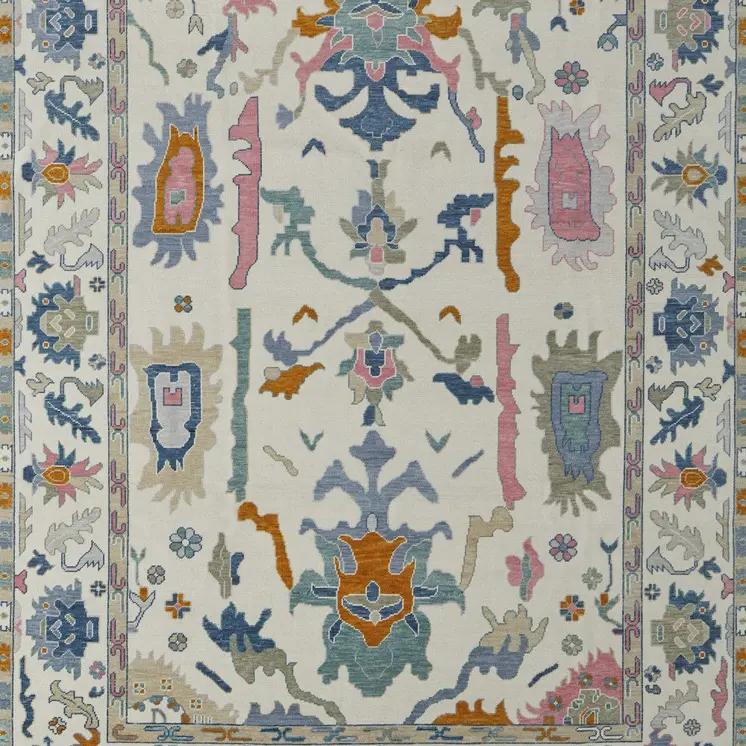 12' X 15' Ivory Blue And Pink Floral Hand Knotted Area Rug With Fringe