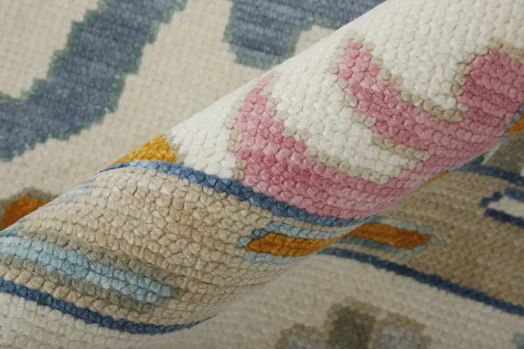 12' X 15' Ivory Blue And Pink Floral Hand Knotted Area Rug With Fringe