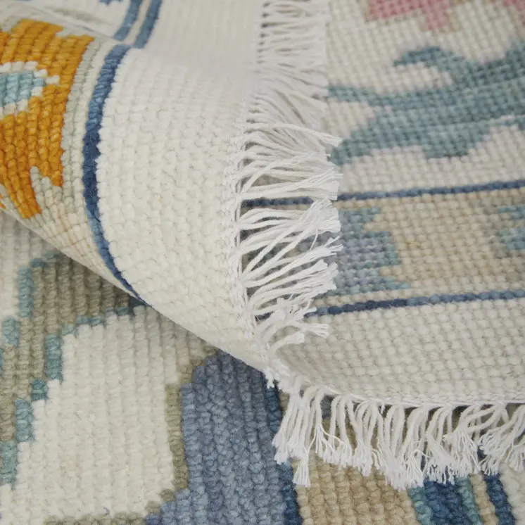12' X 15' Ivory Blue And Pink Floral Hand Knotted Area Rug With Fringe