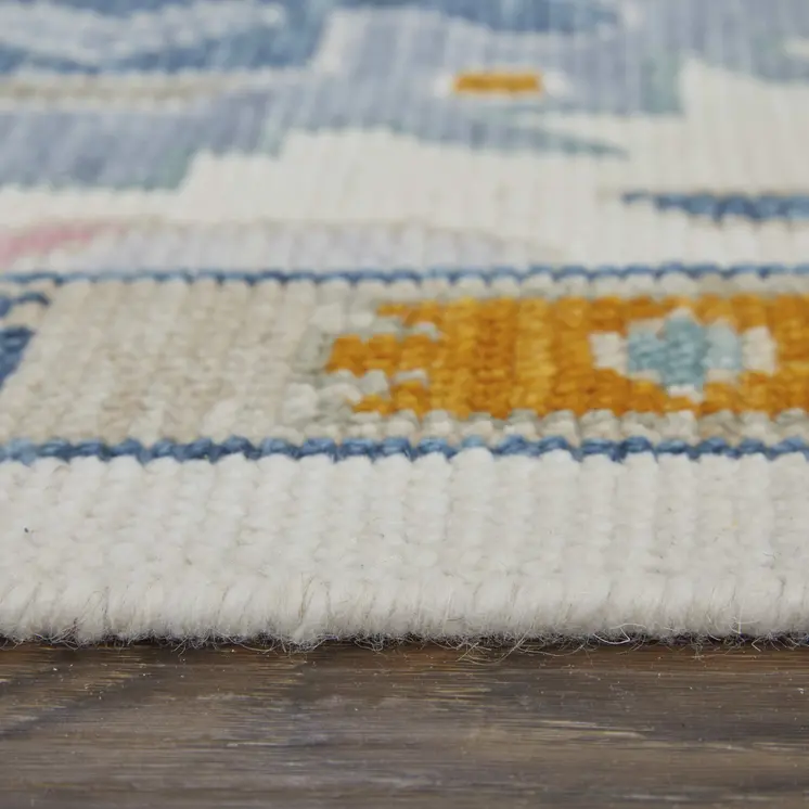 12' X 15' Ivory Blue And Pink Floral Hand Knotted Area Rug With Fringe