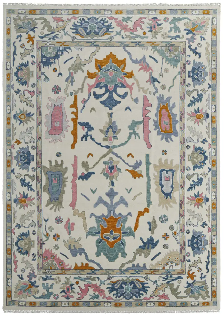 12' X 15' Ivory Blue And Pink Floral Hand Knotted Area Rug With Fringe