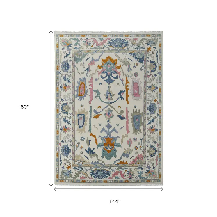 12' X 15' Ivory Blue And Pink Floral Hand Knotted Area Rug With Fringe