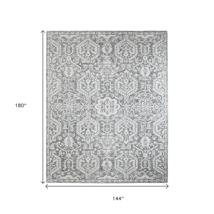 12' X 15' Gray And White Geometric Hand Tufted Area Rug