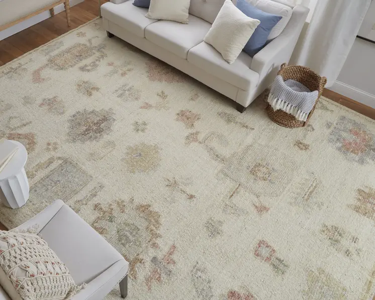 12' X 15' Ivory Orange And Gray Wool Floral Hand Knotted Area Rug