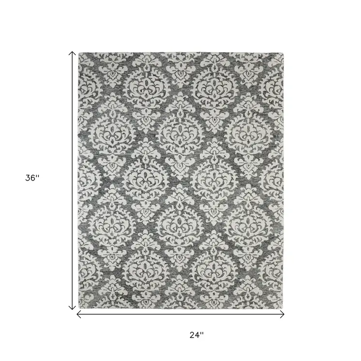 2' X 3' Gray Ivory And Black Floral Hand Tufted Area Rug