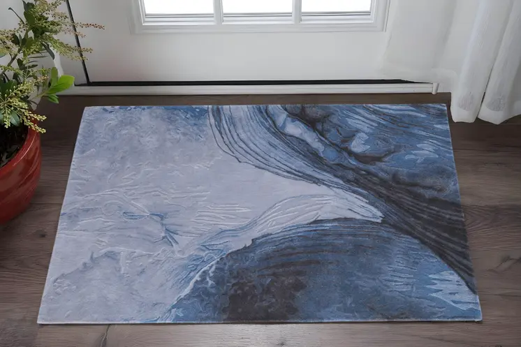 2' X 3' Blue Black And Gray Abstract Hand Tufted Area Rug