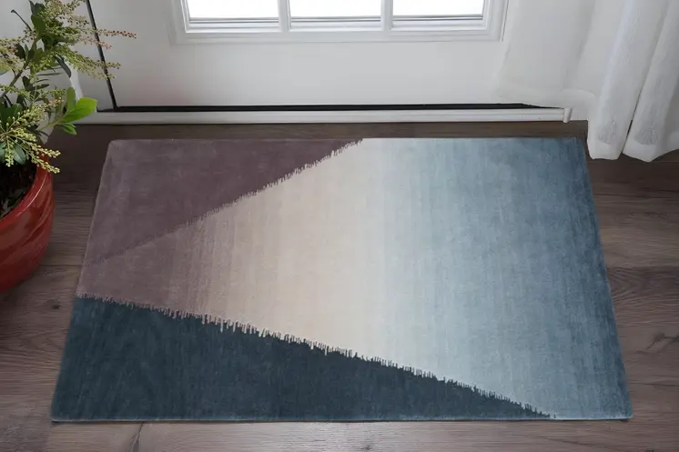 2' X 3' Taupe Blue And Tan Geometric Hand Tufted Area Rug