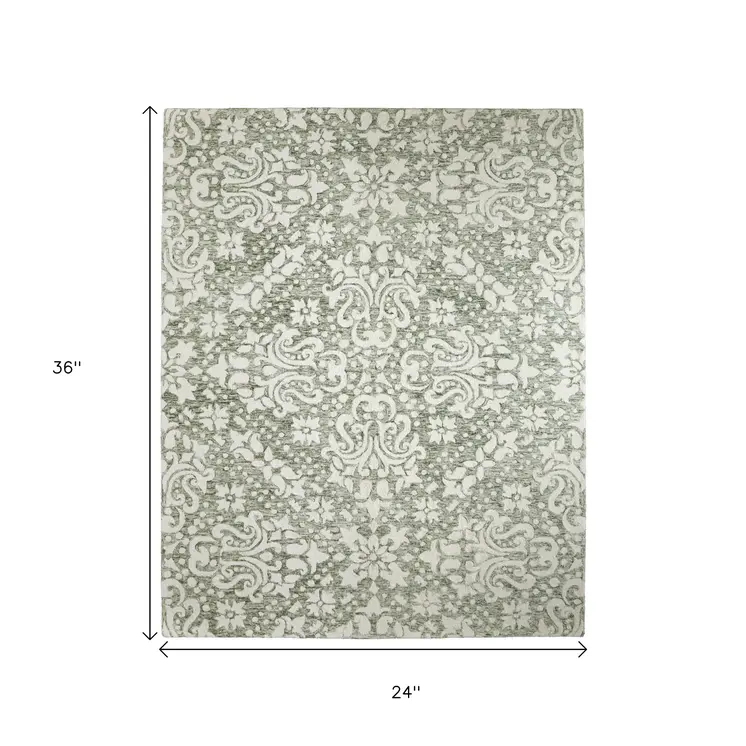 2' X 3' Ivory And Green Floral Hand Tufted Area Rug