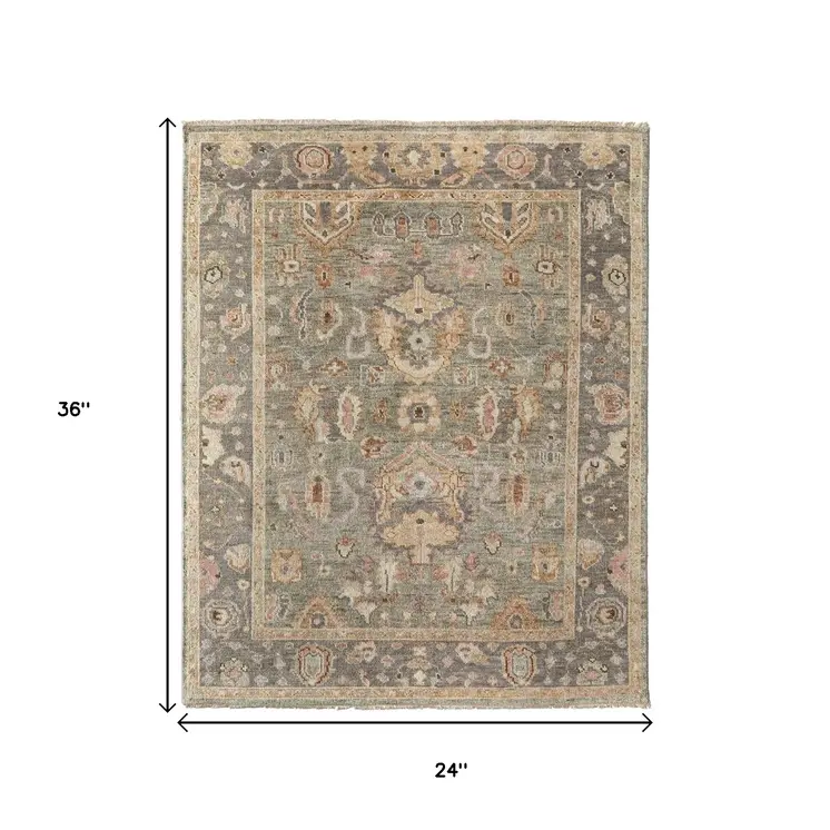 2' X 3' Gray Gold And Pink Oriental Hand Knotted Area Rug With Fringe
