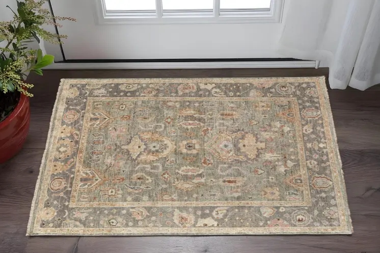 2' X 3' Gray Gold And Pink Oriental Hand Knotted Area Rug With Fringe