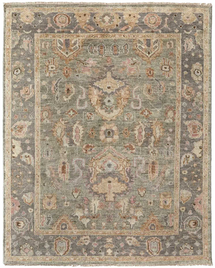 2' X 3' Gray Gold And Pink Oriental Hand Knotted Area Rug With Fringe
