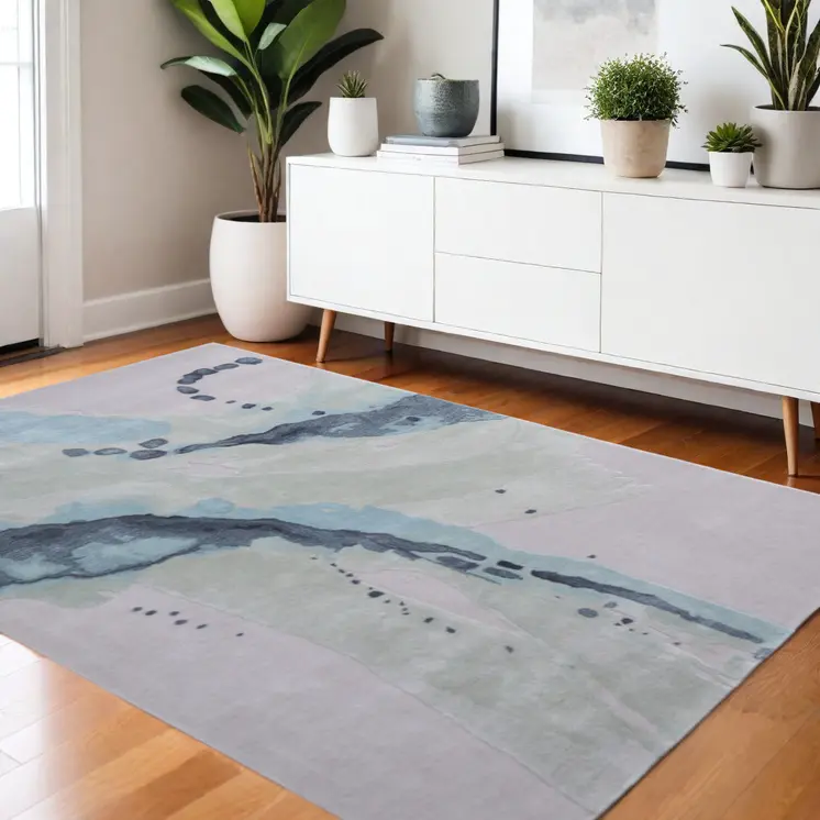 4' X 6' Green Blue And Ivory Abstract Hand Tufted Area Rug