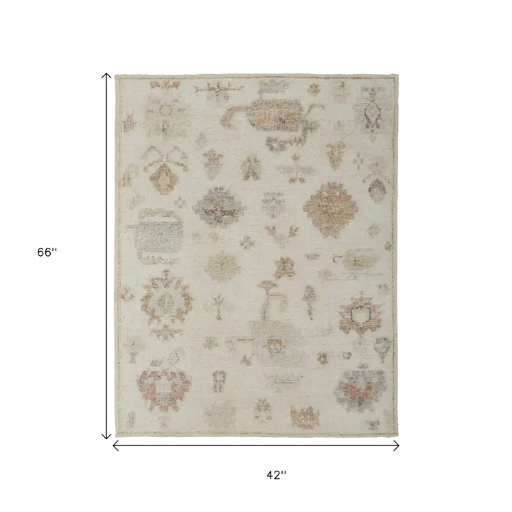 4' X 6' Ivory Orange And Gray Wool Floral Hand Knotted Area Rug