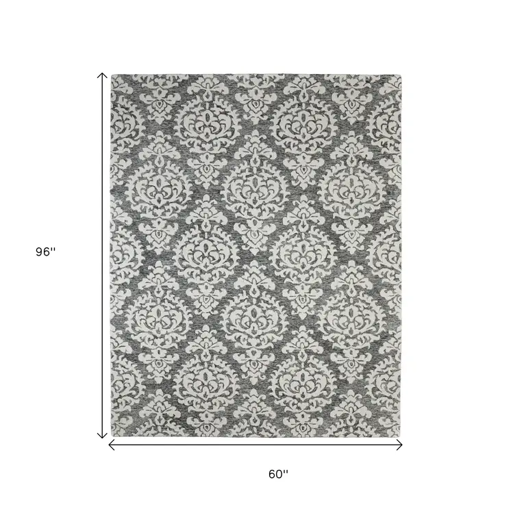 5' X 8' Gray Ivory And Black Floral Hand Tufted Area Rug