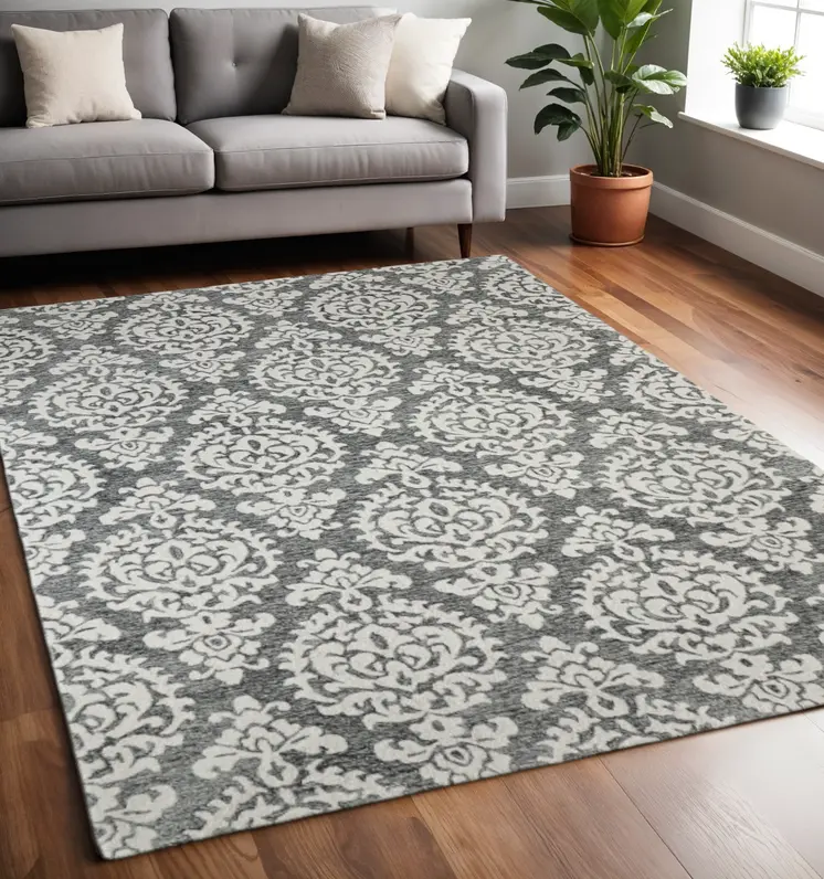 5' X 8' Gray Ivory And Black Floral Hand Tufted Area Rug