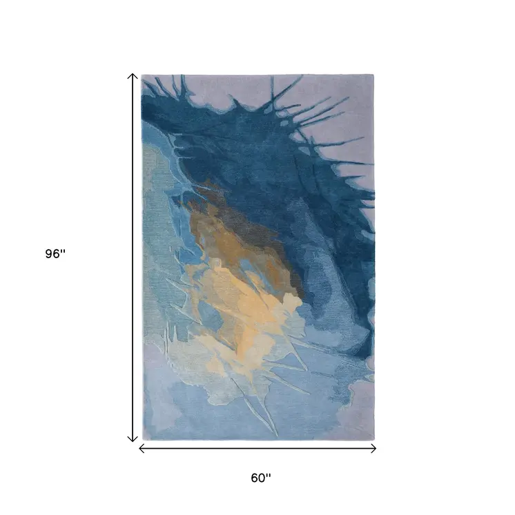 5' X 8' Blue Gold And Gray Abstract Hand Tufted Area Rug