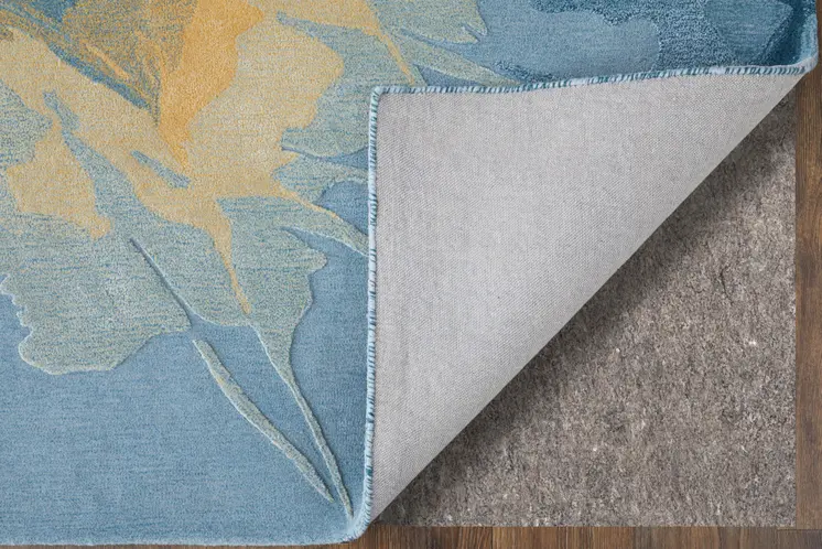 5' X 8' Blue Gold And Gray Abstract Hand Tufted Area Rug