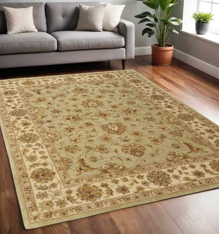 5' X 8' Tan Brown And Green Oriental Hand Tufted Area Rug