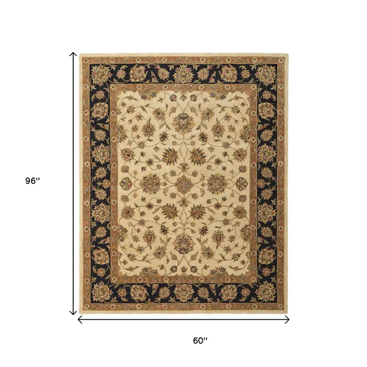 5' X 8' Tan Brown And Black Oriental Hand Tufted Area Rug