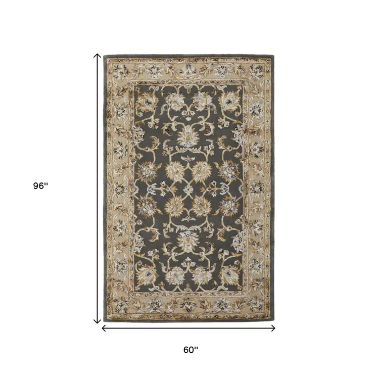 5' X 8' Taupe Tan And Ivory Floral Hand Tufted Area Rug