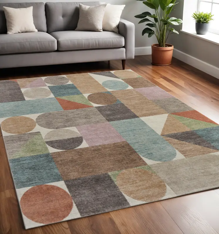 5' X 8' Ivory Brown And Blue Checkered Area Rug